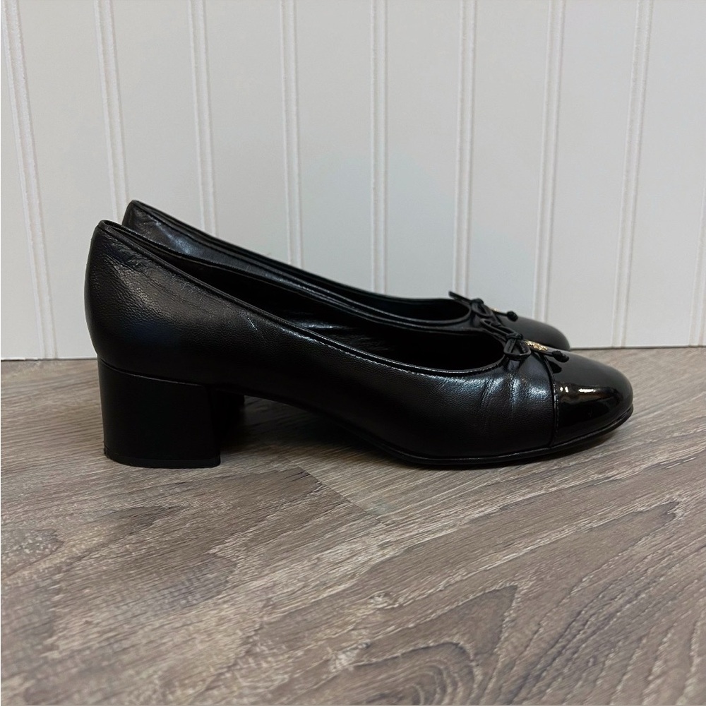 TORY BURCH Mixed Black Leather Cap-Toe Ballerina Block Pumps Size 7 - Picture 7 of 14